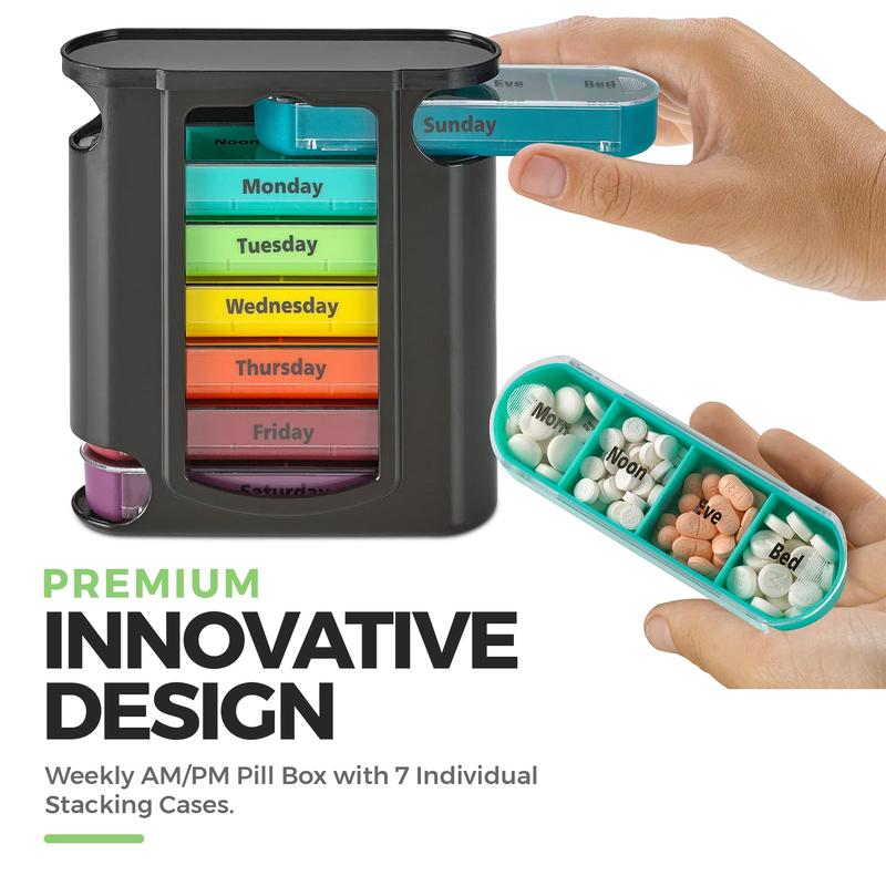 Weekly Pill Organizer, 1 Dispenser, 7 Stackable Compartments Four Times-a-Day - Morning, Noon, Evening, and Bedtime, Black